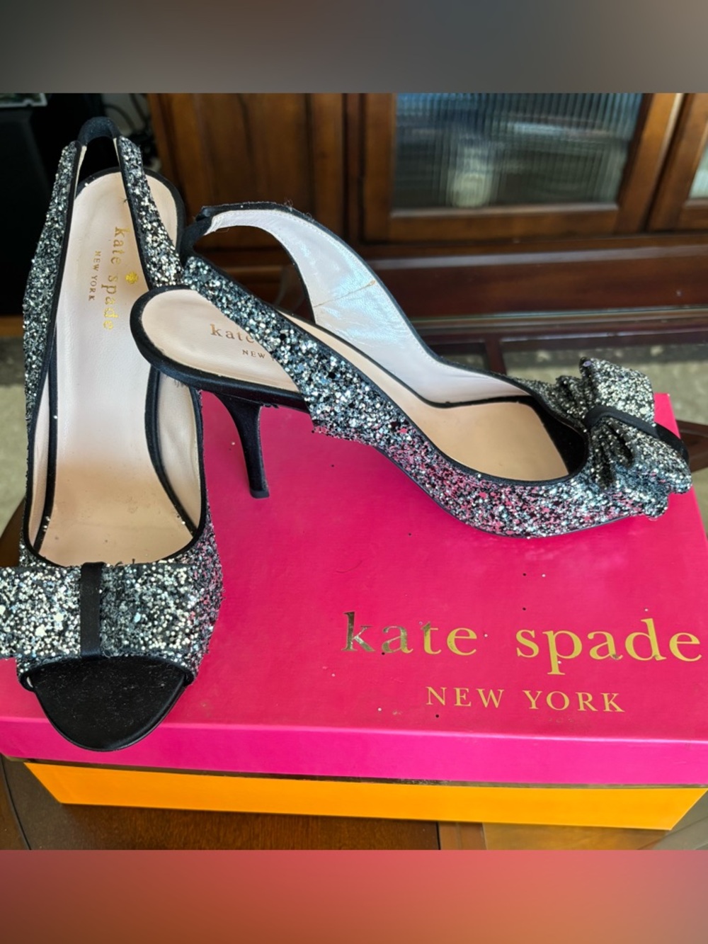 Kate Spade Black & Silver Glitter Slingback Peep-Toe Heels